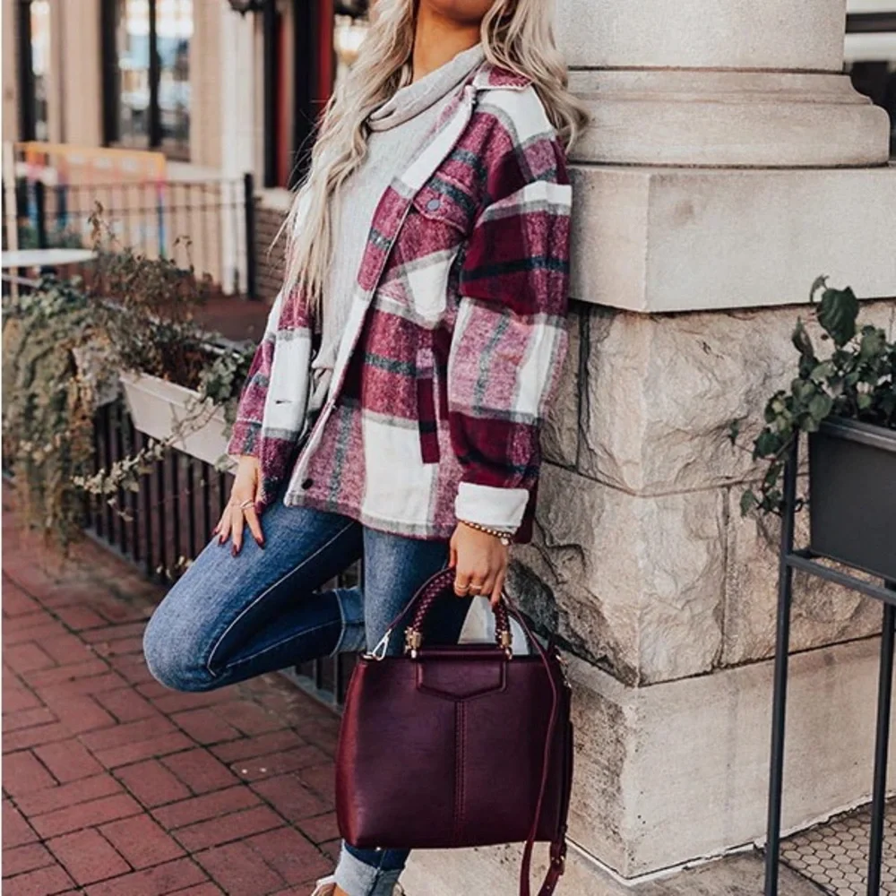 Purple Fall Plaids women button front shirt shacket